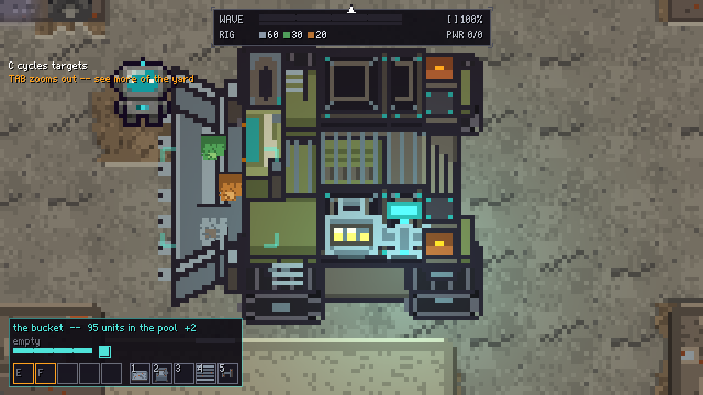 The rig, a welded-together vehicle seen from above, parked in a scrap yard